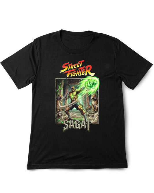 Black t-shirt with Street Fighter Sagat graphic on a white background