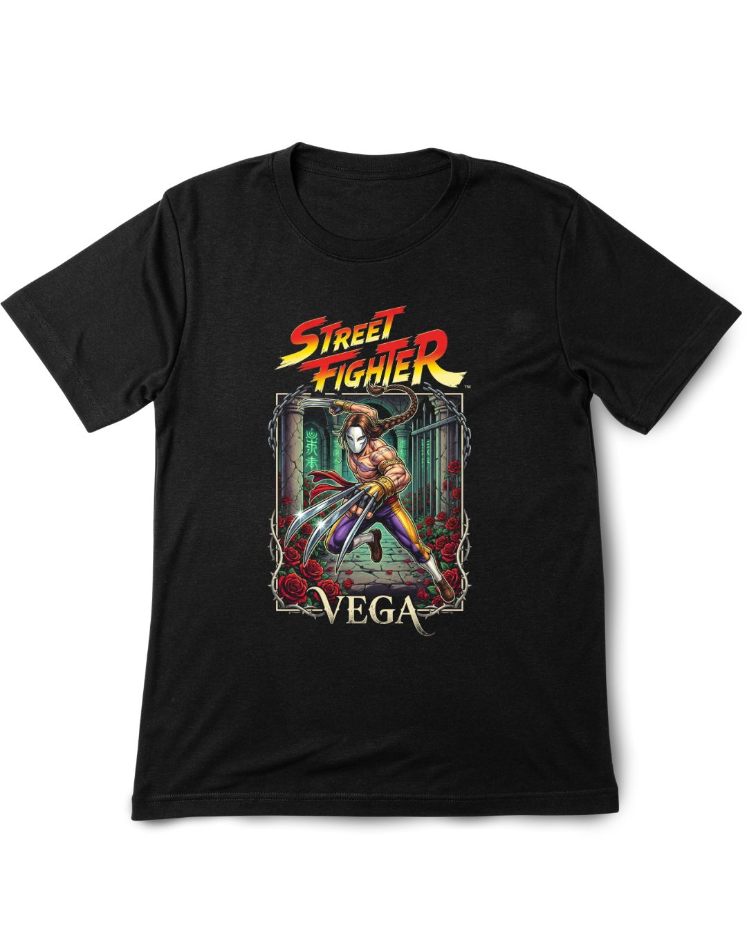 Black t-shirt with Street Fighter Vega graphic on a white background