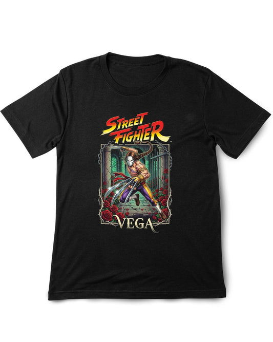 Black t-shirt with Street Fighter Vega graphic on a white background