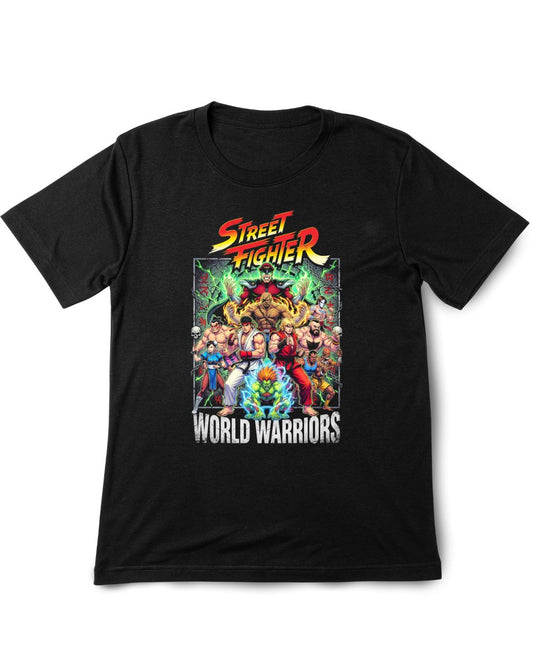 Black t-shirt with Street Fighter World Warriors graphic on a white background