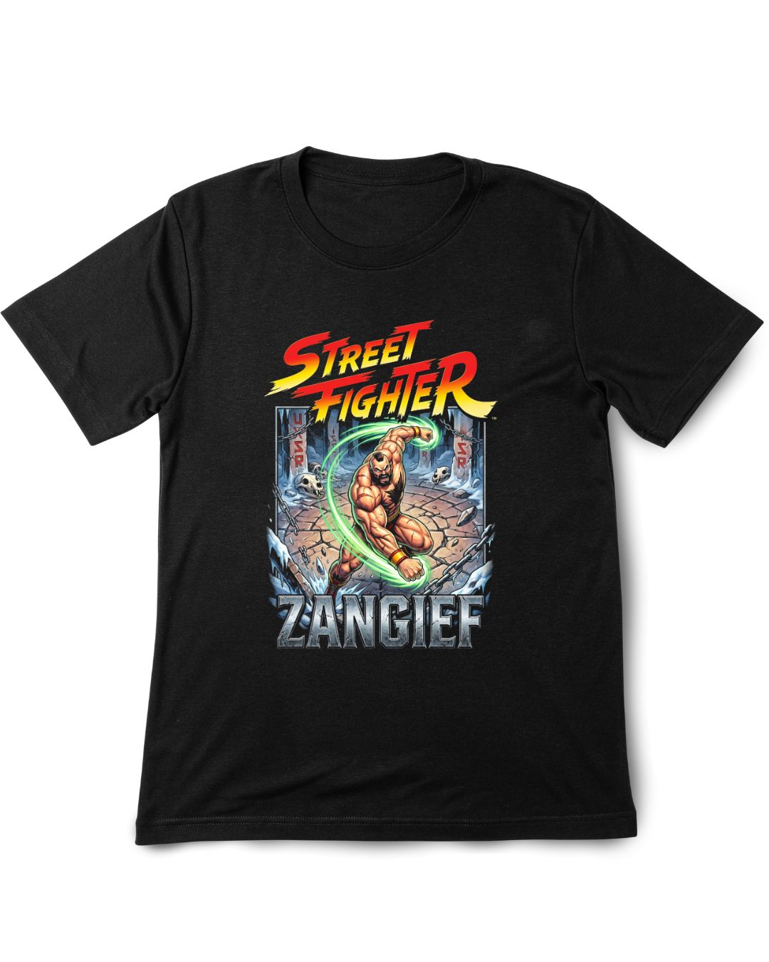 Black t-shirt with Street Fighter Zangief graphic on a white background