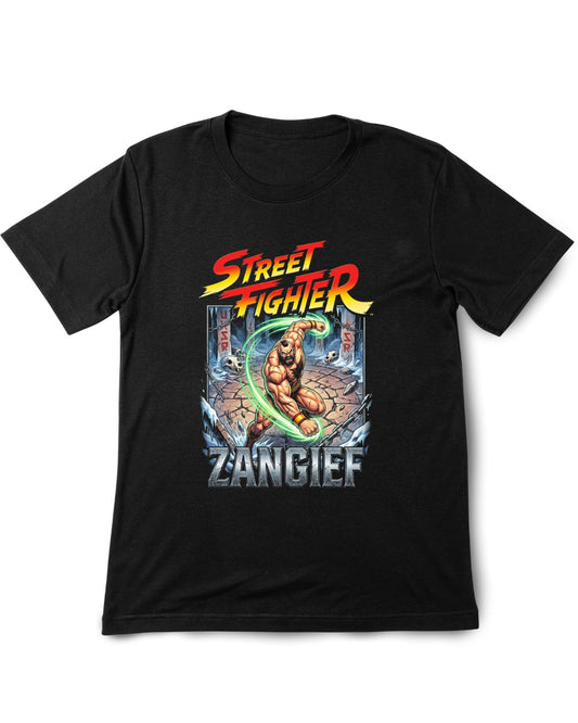 Black t-shirt with Street Fighter Zangief graphic on a white background