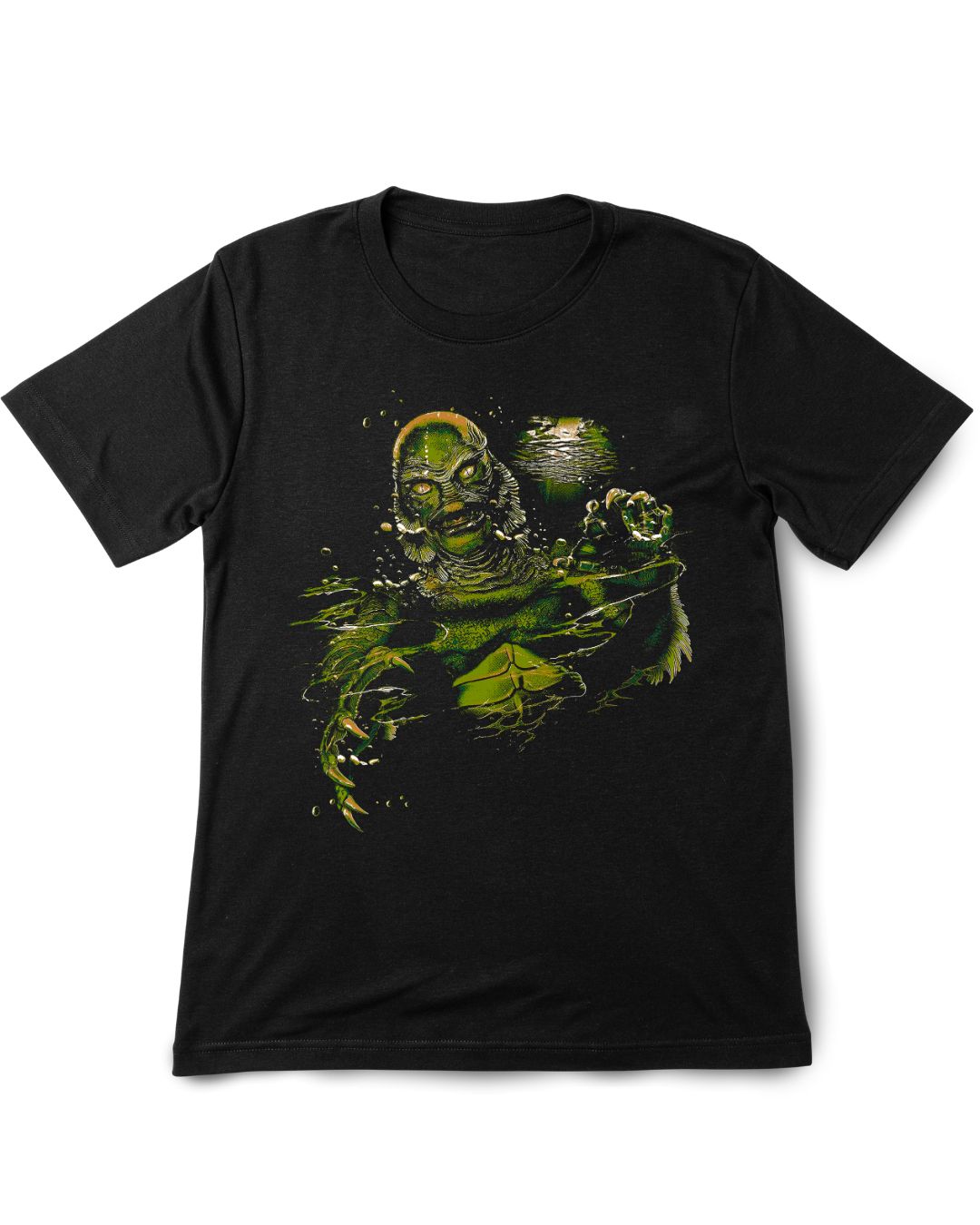 Black t-shirt with a green graphic design on a white background