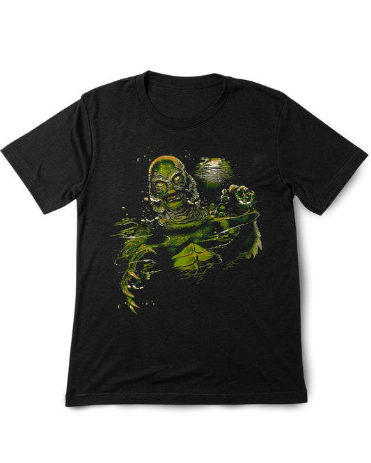 Black t-shirt with a green graphic design on a white background