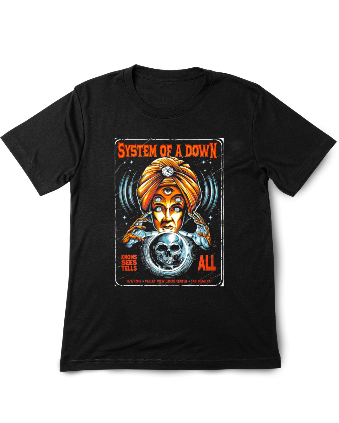 Black t-shirt with 'System of a Down' graphic design on a white background