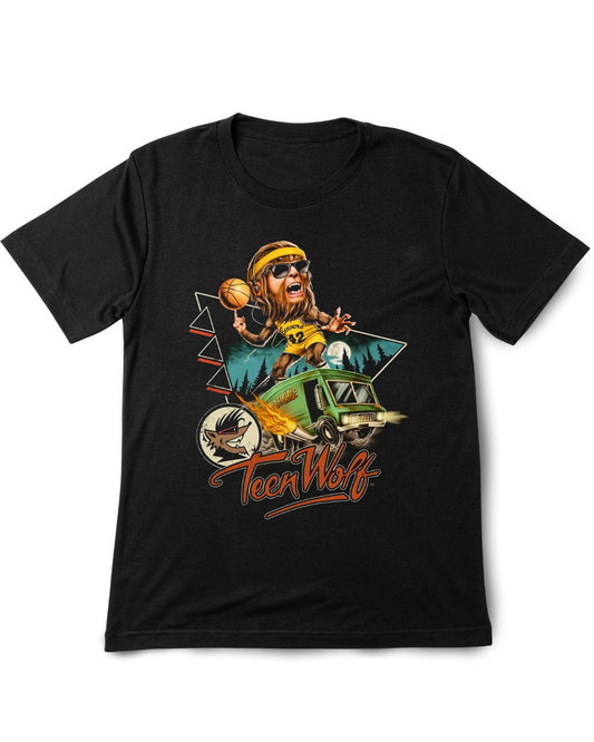 Black t-shirt with 'Teen Wolf' graphic design featuring a character and vintage vehicle on a white background.