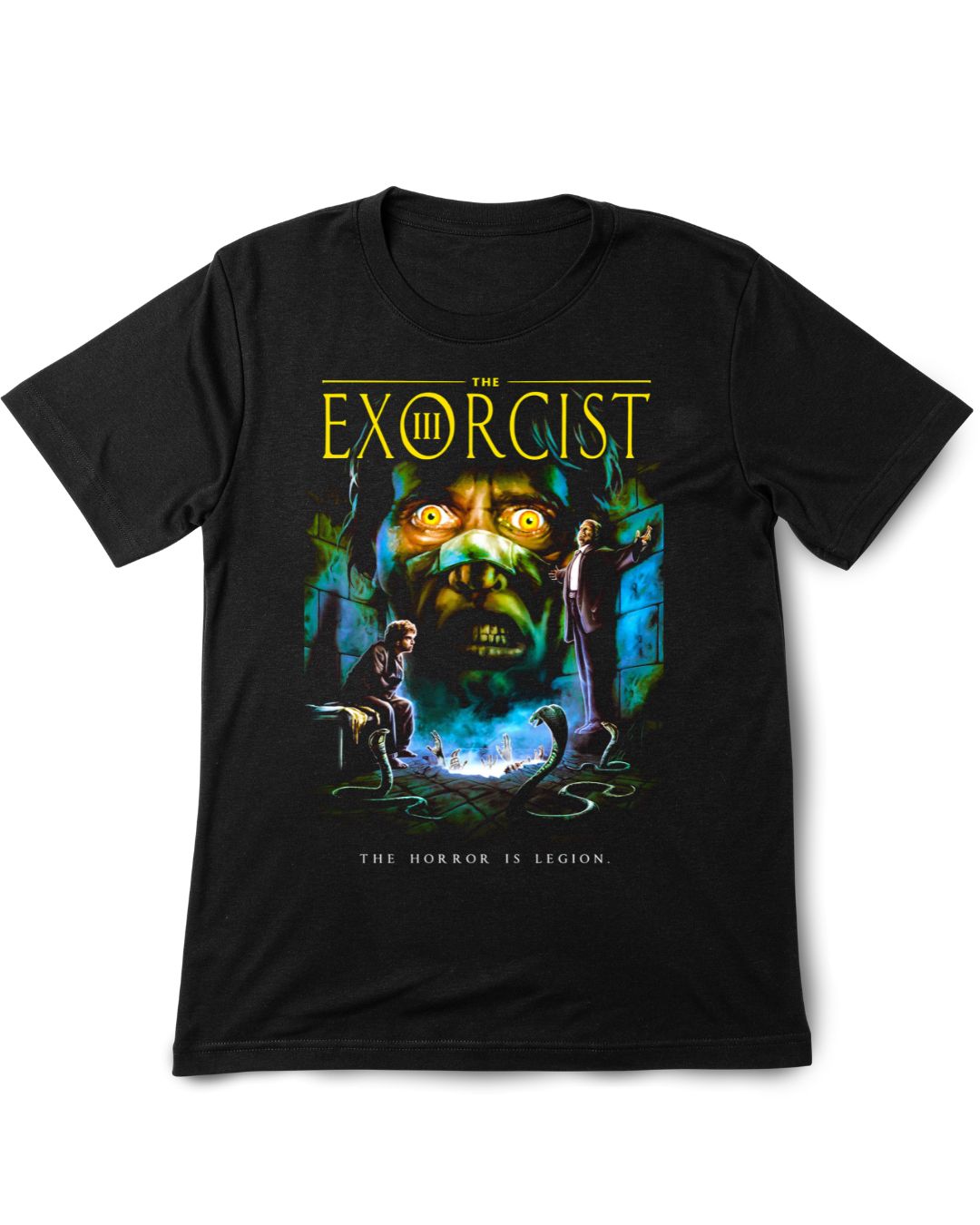 Black t-shirt with 'The Exorcist' graphic design on a white background