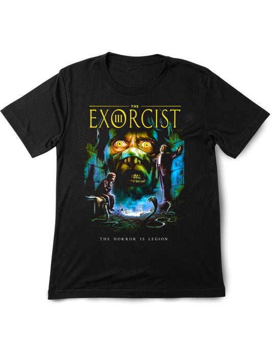Black t-shirt with 'The Exorcist' graphic design on a white background