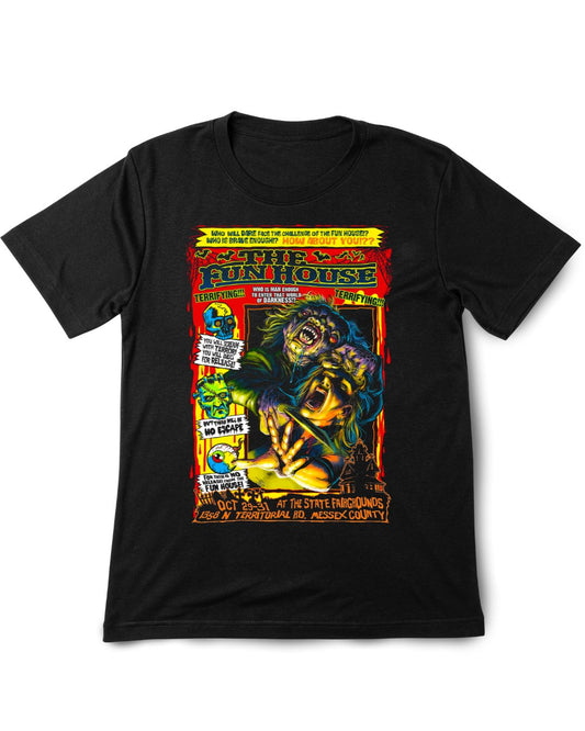 Black t-shirt The Fun House  with a colorful graphic design on a white background