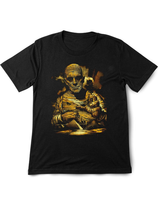 Black t-shirt with a mummy graphic on a white background