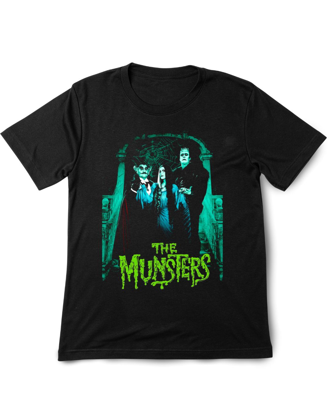 Black t-shirt with 'The Munsters' graphic design on a white background