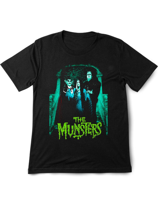 Black t-shirt with 'The Munsters' graphic design on a white background