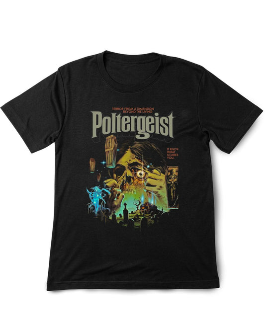 Black t-shirt with 'Poltergeist' movie poster design on a white background