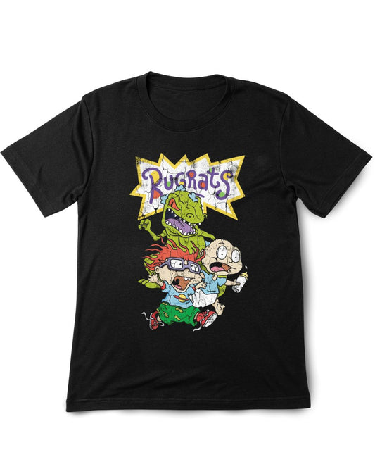 Black t-shirt with 'The Rugrats' graphic design on a white background