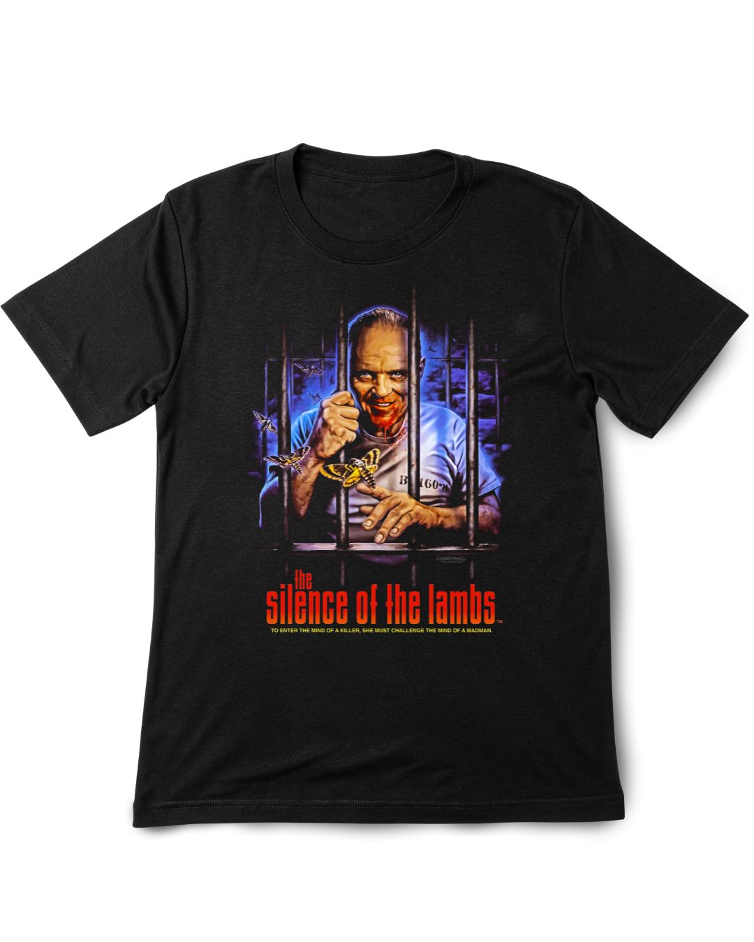 Black t-shirt with 'The Silence of the Lambs' graphic design on a white background