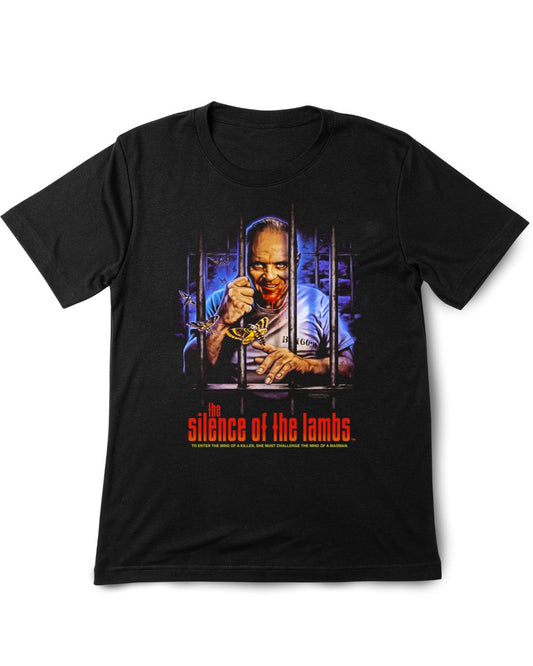 Black t-shirt with 'The Silence of the Lambs' graphic design on a white background