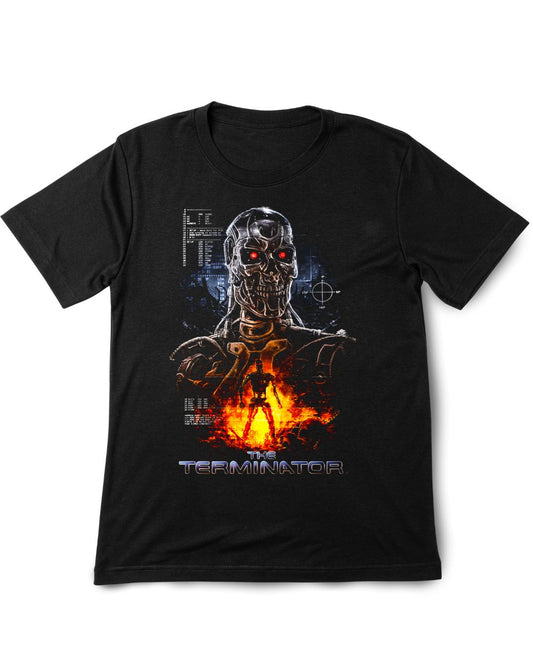 Black t-shirt with 'The Terminator' graphic design on a white background