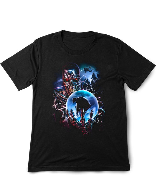 Black t-shirt The Terminator  with a colorful graphic design on a white background