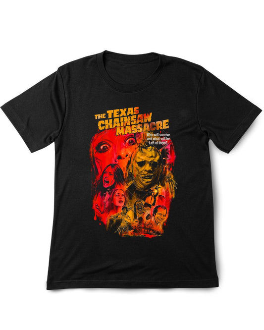 Black t-shirt with 'The Texas Chainsaw Massacre' graphic design on a white background