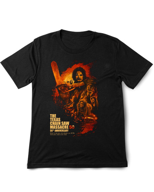 Black t-shirt with 'The Texas Chainsaw Massacre' graphic design on a white background