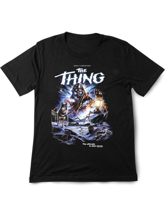 Black t-shirt with 'The Thing' movie poster design featuring a character with a dog and text.