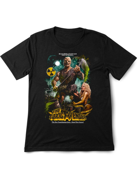 Black t-shirt  Toxic Avenger with graphic design featuring a character and text on a white background
