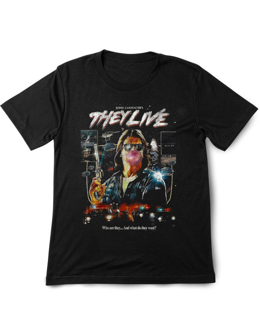 Black t-shirt with 'They Live' movie graphic design on a white background
