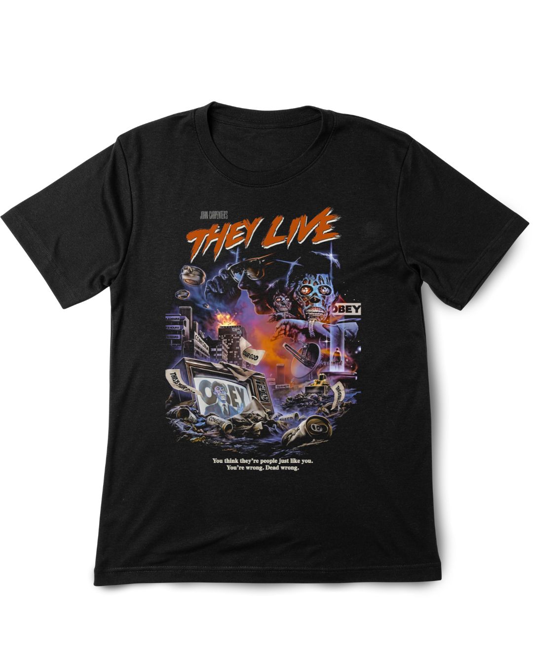 Black t-shirt with 'They Live' movie graphic design on a white background