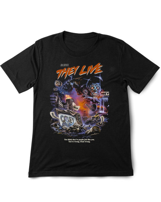Black t-shirt with 'They Live' movie graphic design on a white background