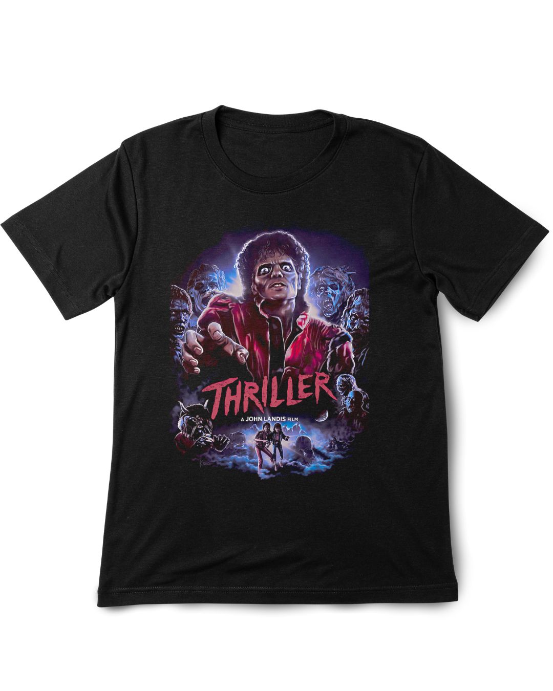 Black t-shirt with 'Thriller' graphic design featuring a central figure and text on a white background