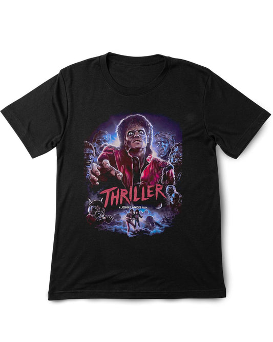 Black t-shirt with 'Thriller' graphic design featuring a central figure and text on a white background