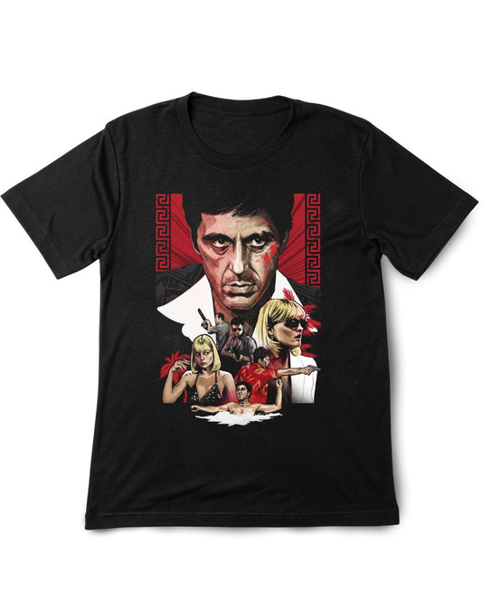 Tony Montana Black t-shirt with graphic design featuring a collage of images and text on a white background
