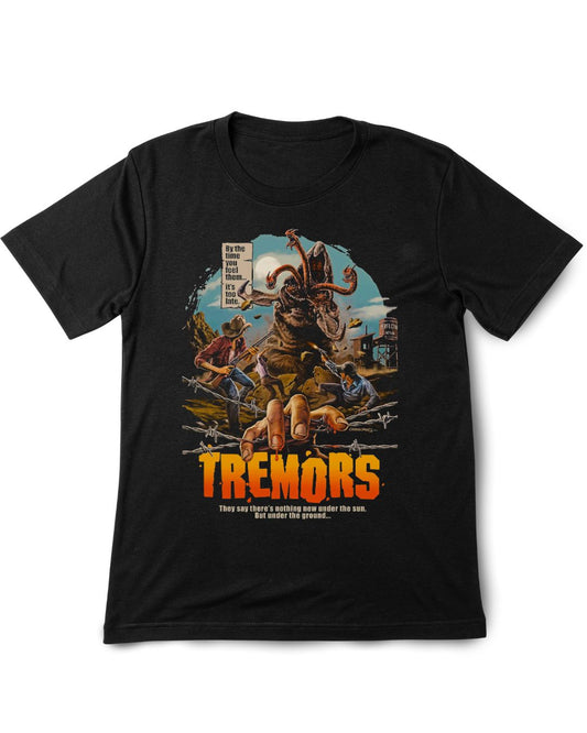 Black t-shirt with 'Tremors' graphic design featuring a creature and text on a white background