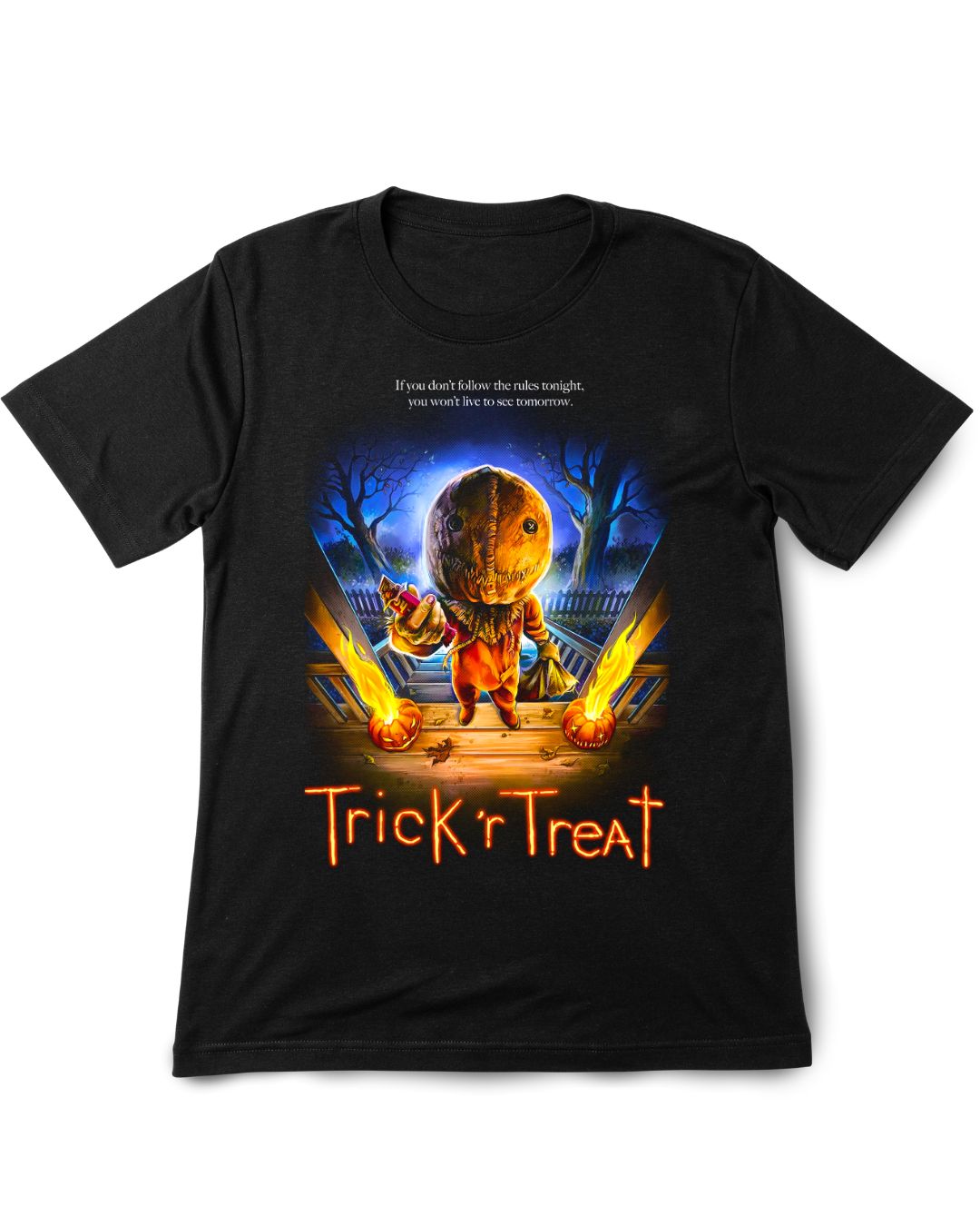 Black t-shirt with 'Trick 'R Treat' graphic design featuring a character holding a bag of candy.