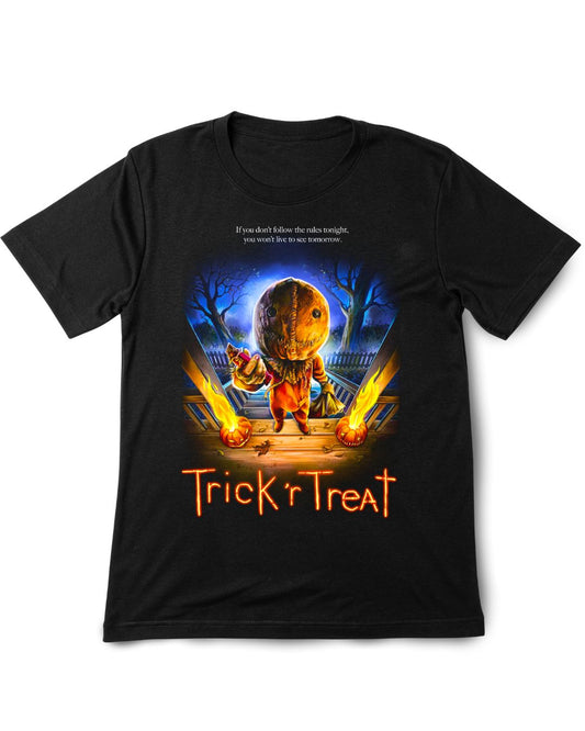 Black t-shirt with 'Trick 'R Treat' graphic design featuring a character holding a bag of candy.