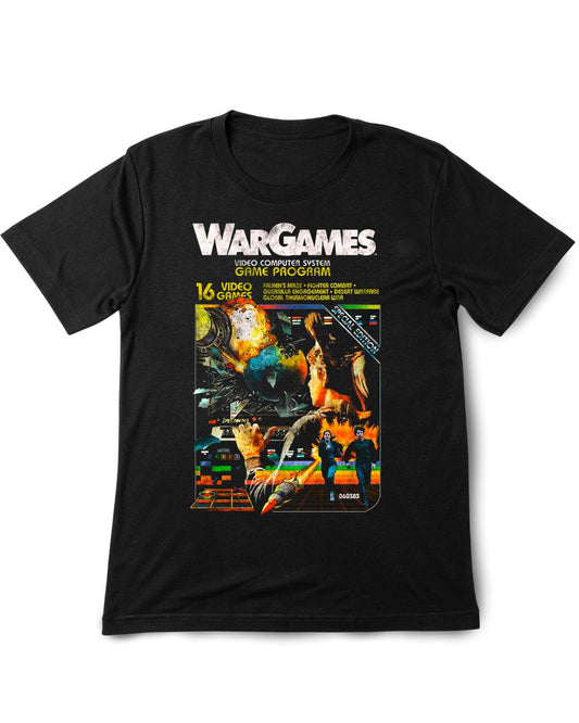 Black t-shirt with 'Wargames' video game cover design on a white background