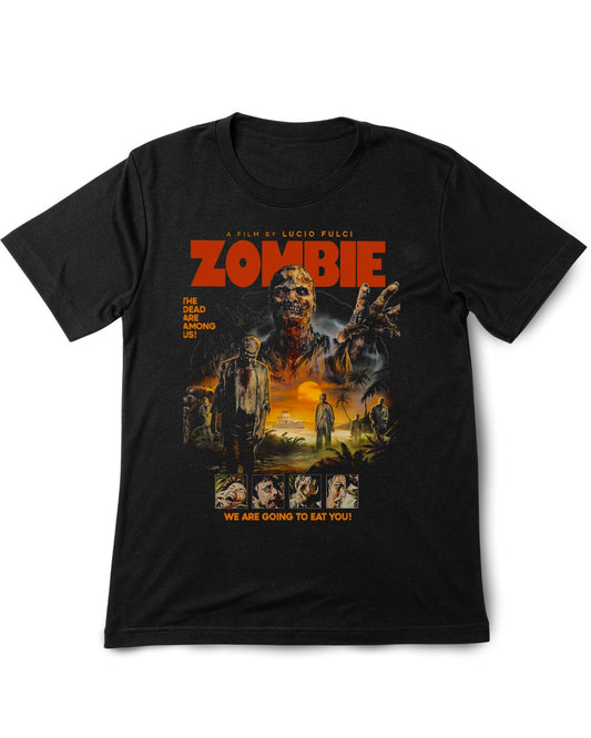 Black t-shirt with 'Zombie' movie poster design featuring a zombie and survivors.